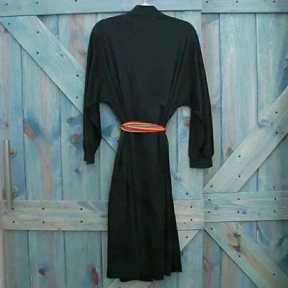 1970s Black Wrap Dress Coat Vintage Polyester Belted Size Medium - Picture 4 of 8